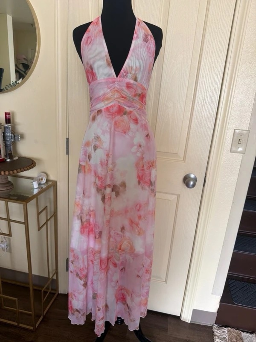 Pink Floral Halter Maxi Dress with Empire Waist